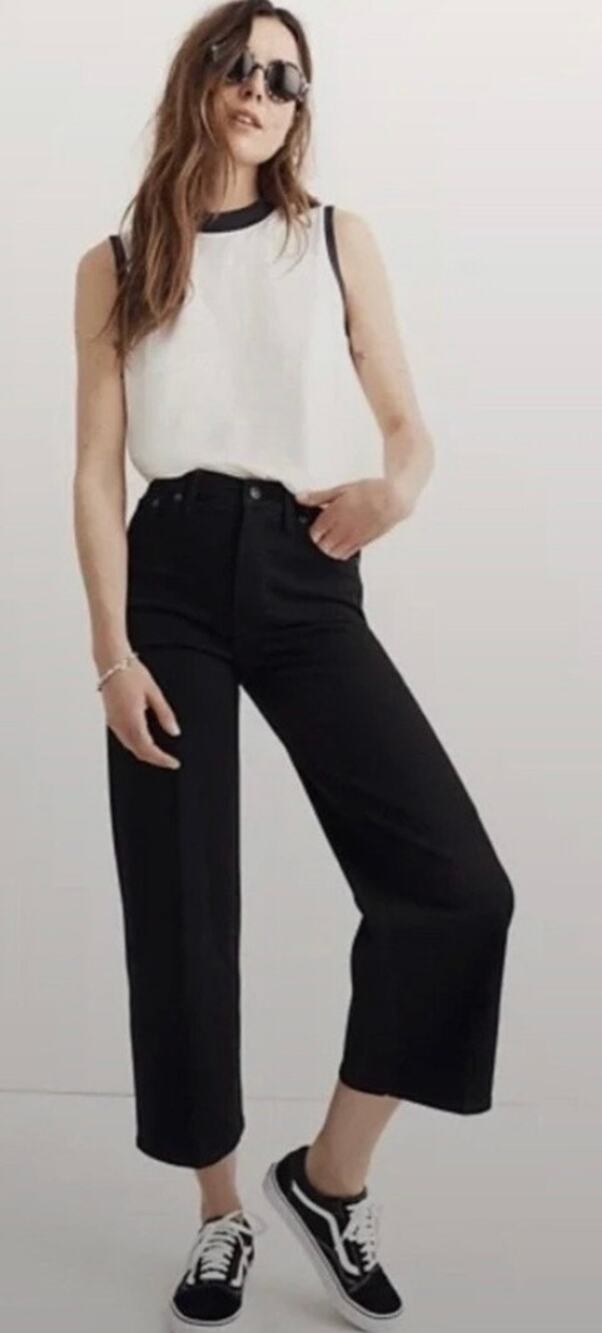 Madewell Women Slim Wide Leg Crop Jeans Black High Rise Moto Minimalist size 35